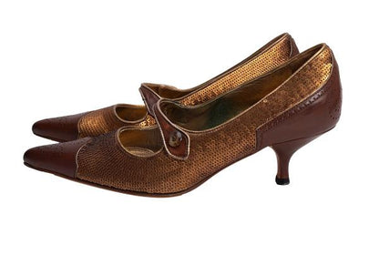 PRADA Sequin Design Leather Heels Brown Size 34 (22cm)