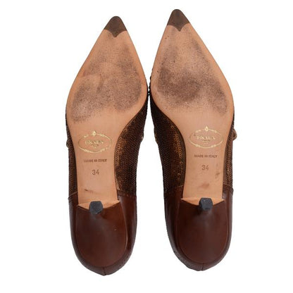 PRADA Sequin Design Leather Heels Brown Size 34 (22cm)