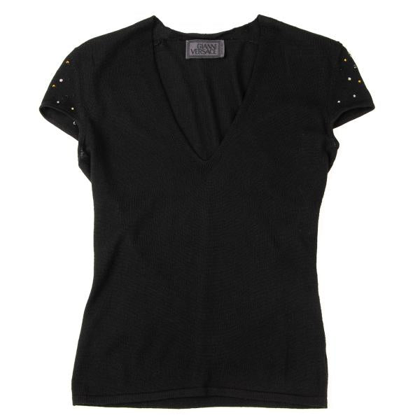 GIANNI VERSACE Bijou V-Neck Wool Sweater Black Size 44