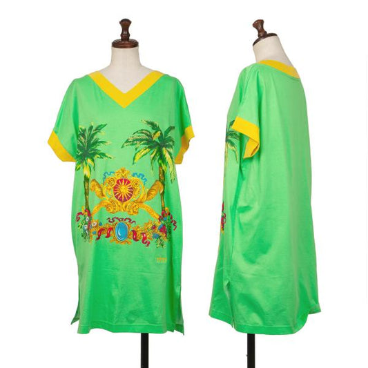 VERSACE SPORT Cotton Print V-Neck Tunic Green Blouse Size 40