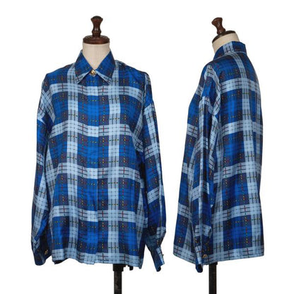 VERSACE SPORT Silk Check Button-Up Shirt Blue Size 40