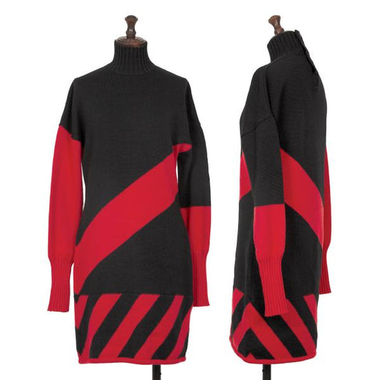 FENDI Wool Bias Line High Neck Sweater Black/Red Size 44