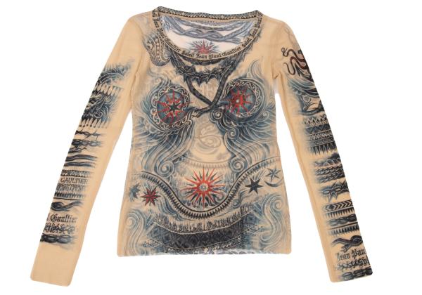 Jean Paul GAULTIER Tattoo Print Power L/S Tee Beige Size M