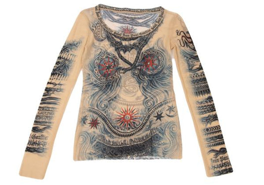 Jean Paul GAULTIER Tattoo Print Power L/S Tee Beige Size M