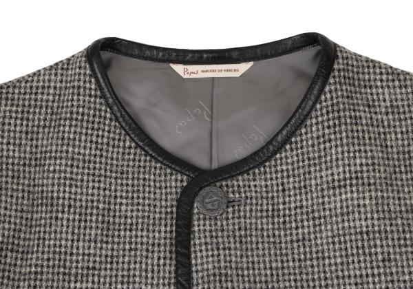 Papas Harris Tweed No-Collar Leather Black Gray Jacket Size S