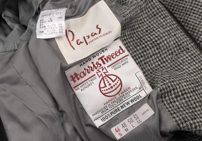 Papas Harris Tweed No-Collar Leather Black Gray Jacket Size S