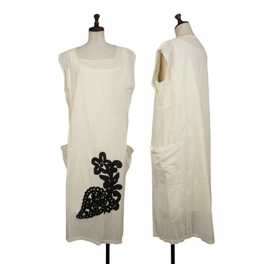 Plantation Cotton Linen Patch Design Dress White Size M