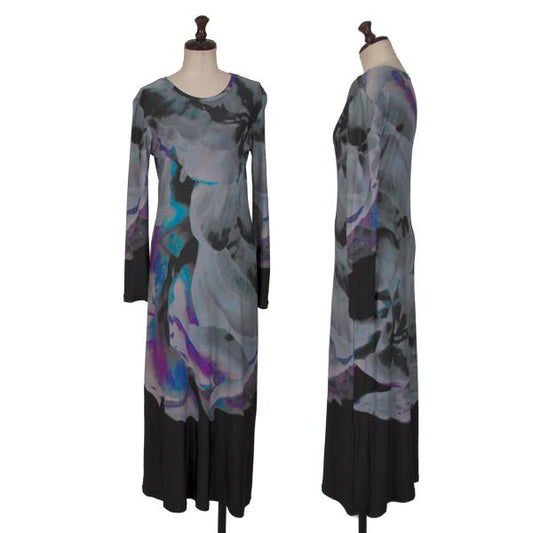 ISSEY MIYAKE Graphic Print Stretch Midi Dress Gray Size M