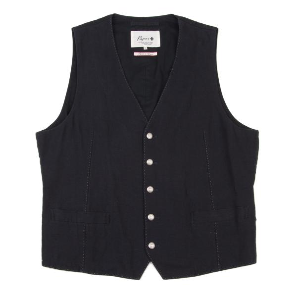 Papas Linen Cotton Metal Button Vest Navy Silver Size L