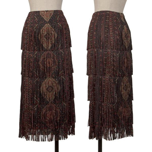 PLEATS PLEASE Pixel Ethnic Print Fringe Skirt Gray Size 2