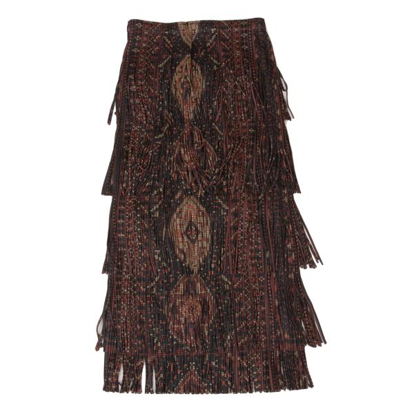 PLEATS PLEASE Pixel Ethnic Print Fringe Skirt Gray Size 2