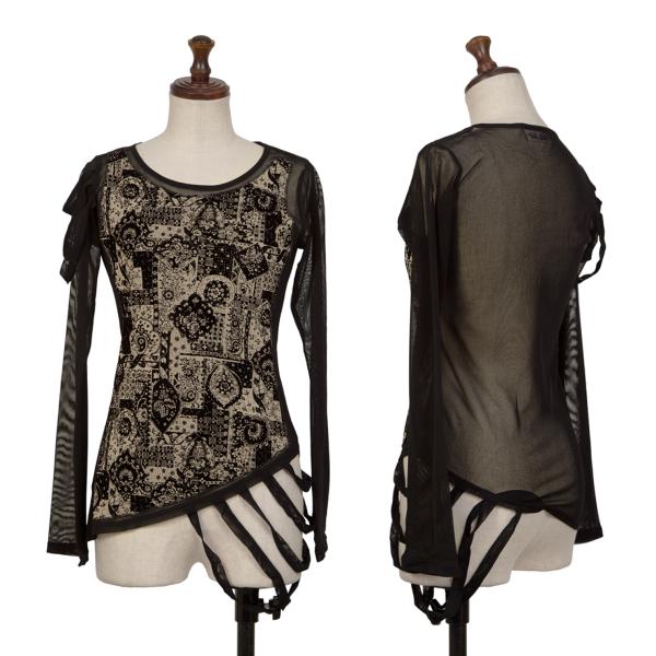 Vieux Black Beige Flock Print Mesh Long Sleeve Top Size M