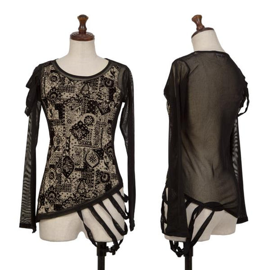 Vieux Black Beige Flock Print Mesh Long Sleeve Top Size M