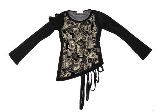 Vieux Black Beige Flock Print Mesh Long Sleeve Top Size M