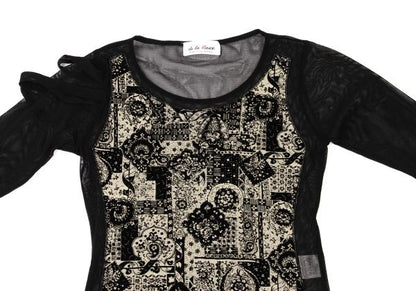 Vieux Black Beige Flock Print Mesh Long Sleeve Top Size M