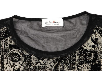 Vieux Black Beige Flock Print Mesh Long Sleeve Top Size M