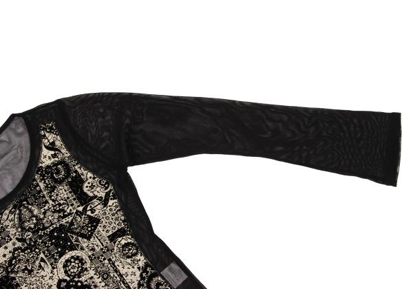 Vieux Black Beige Flock Print Mesh Long Sleeve Top Size M
