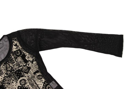 Vieux Black Beige Flock Print Mesh Long Sleeve Top Size M