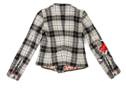 MARITHE Floral Embroidered Check Jacket Gray Size M