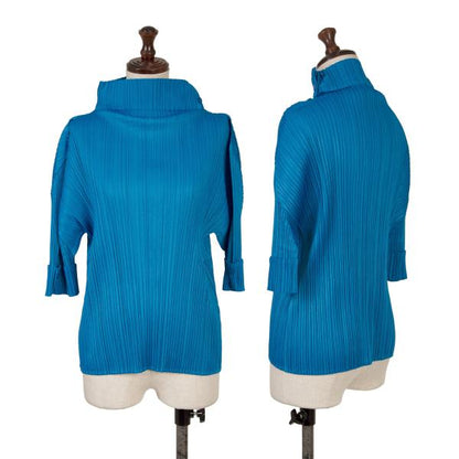 PLEATS PLEASE Fold-Over Pleated Short Sleeve Top Blue Size 3