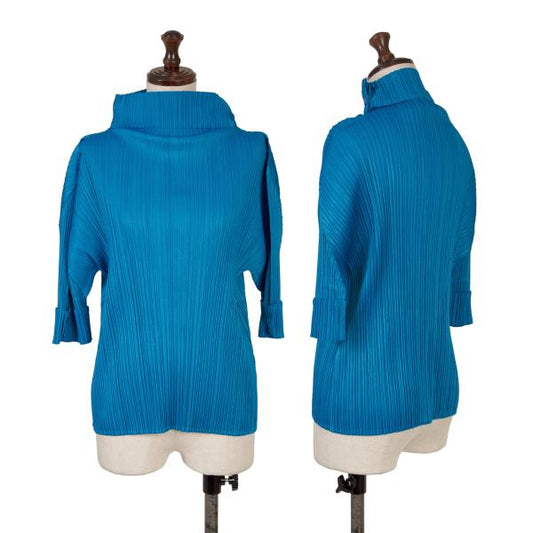 PLEATS PLEASE Fold-Over Pleated Short Sleeve Top Blue Size 3