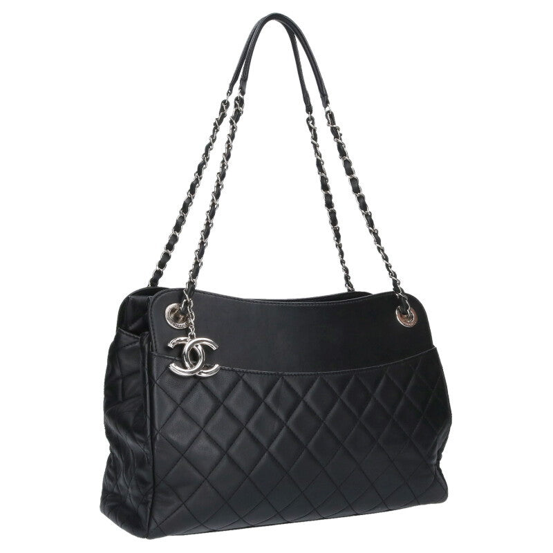 CHANEL Lambskin Chain Tote Bag Black/Silver Size ONE SIZE