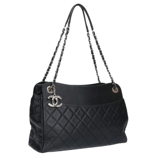 CHANEL Lambskin Chain Tote Bag Black/Silver Size ONE SIZE