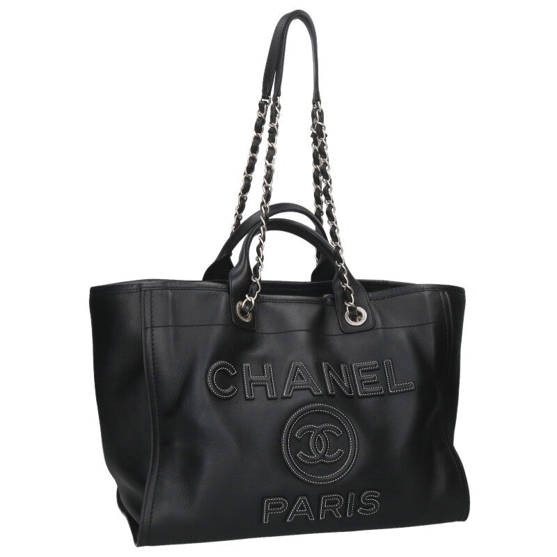 CHANEL Deauville MM Black Silver 2-Way Leather Size ONE SIZE