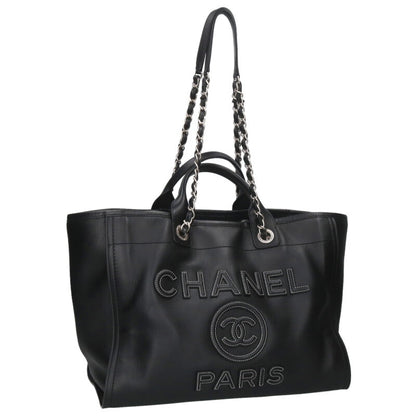 CHANEL Deauville MM Black Silver 2-Way Leather Size ONE SIZE