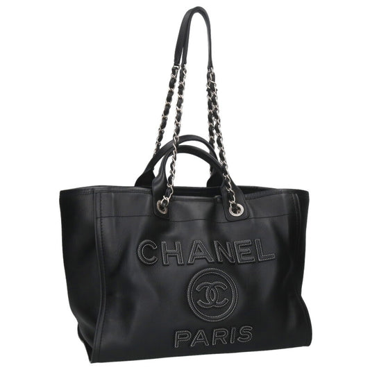 CHANEL Deauville MM Black Silver 2-Way Leather Size ONE SIZE