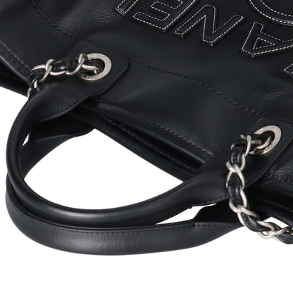 CHANEL Deauville MM Black Silver 2-Way Leather Size ONE SIZE
