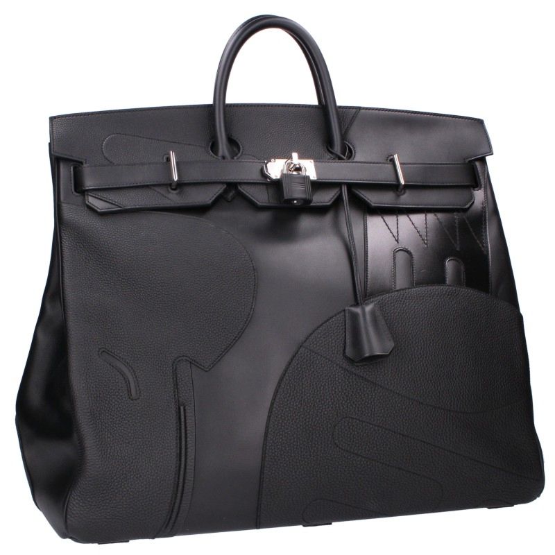HERMES Haut à Courroies Patchwork Black Silver Handbag Size 50