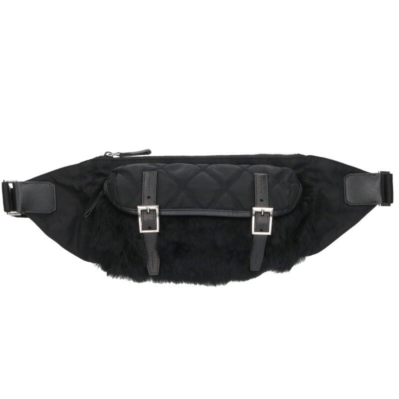 PRADA Black Fur Trim Nylon Shoulder Bag Size ONE SIZE