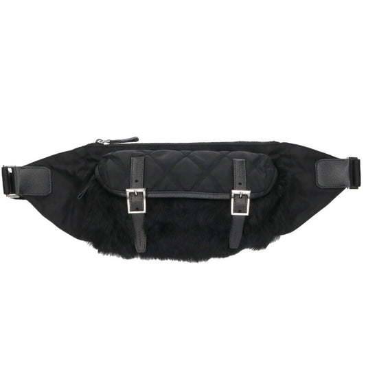 PRADA Black Fur Trim Nylon Shoulder Bag Size ONE SIZE
