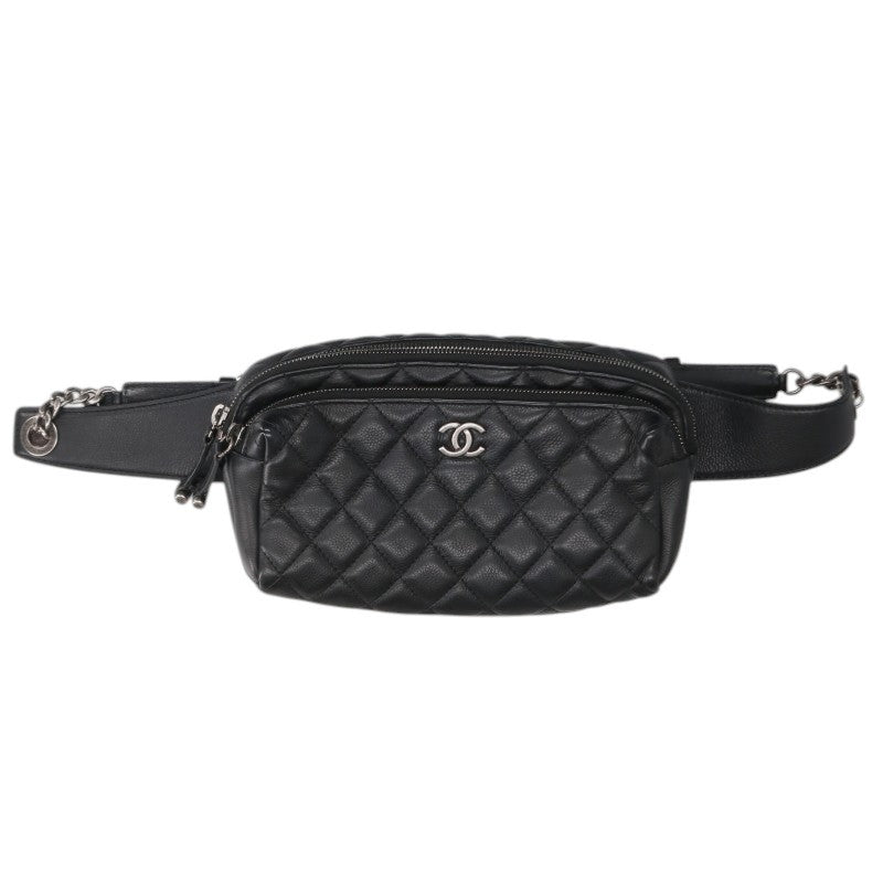 CHANEL Matelasse Calfskin Leather Body Bag Black Silver