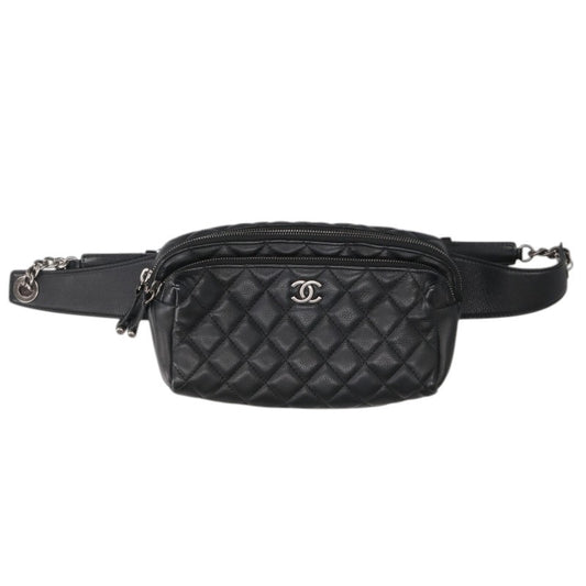 CHANEL Matelasse Calfskin Leather Body Bag Black Silver