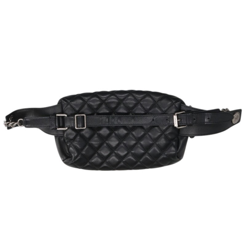 CHANEL Matelasse Calfskin Leather Body Bag Black Silver
