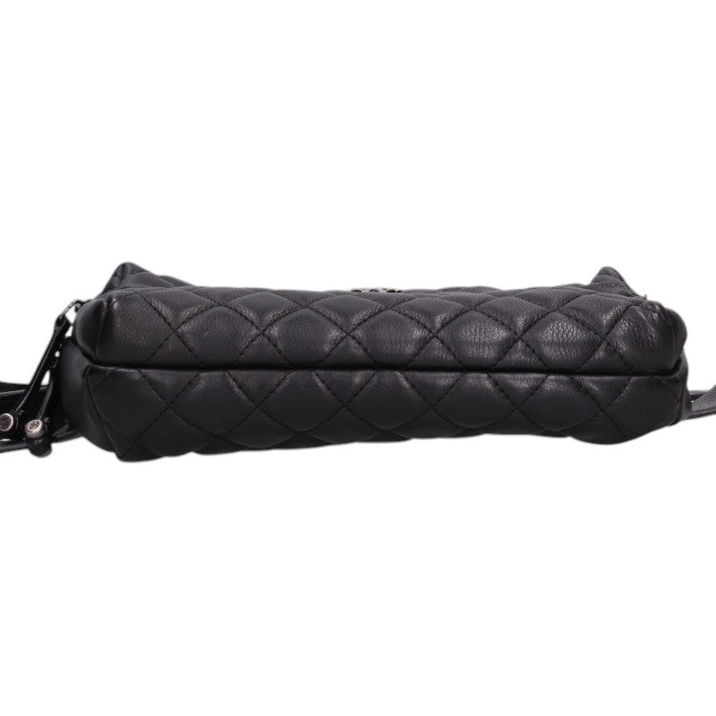 CHANEL Matelasse Calfskin Leather Body Bag Black Silver