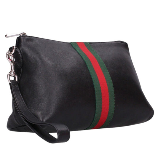 GUCCI Web Stripe Leather Medium Pouch Size ONE SIZE