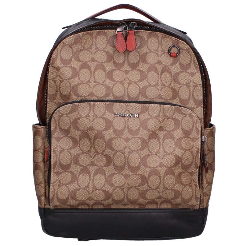 COACH Beige Signature Logo Leather Trim Backpack