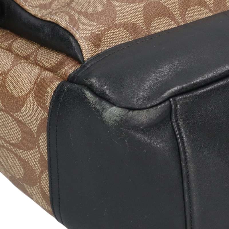 COACH Beige Signature Logo Leather Trim Backpack