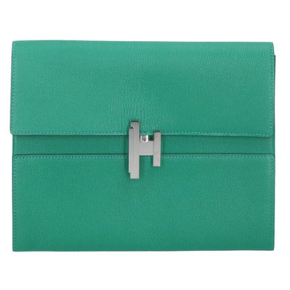 HERMES Cinhetic Chevre Clutch Bag Green/Silver Size ONE SIZE