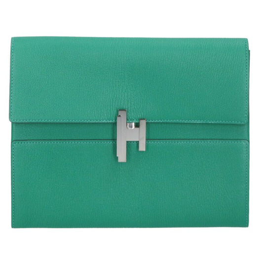 HERMES Cinhetic Chevre Clutch Bag Green/Silver Size ONE SIZE