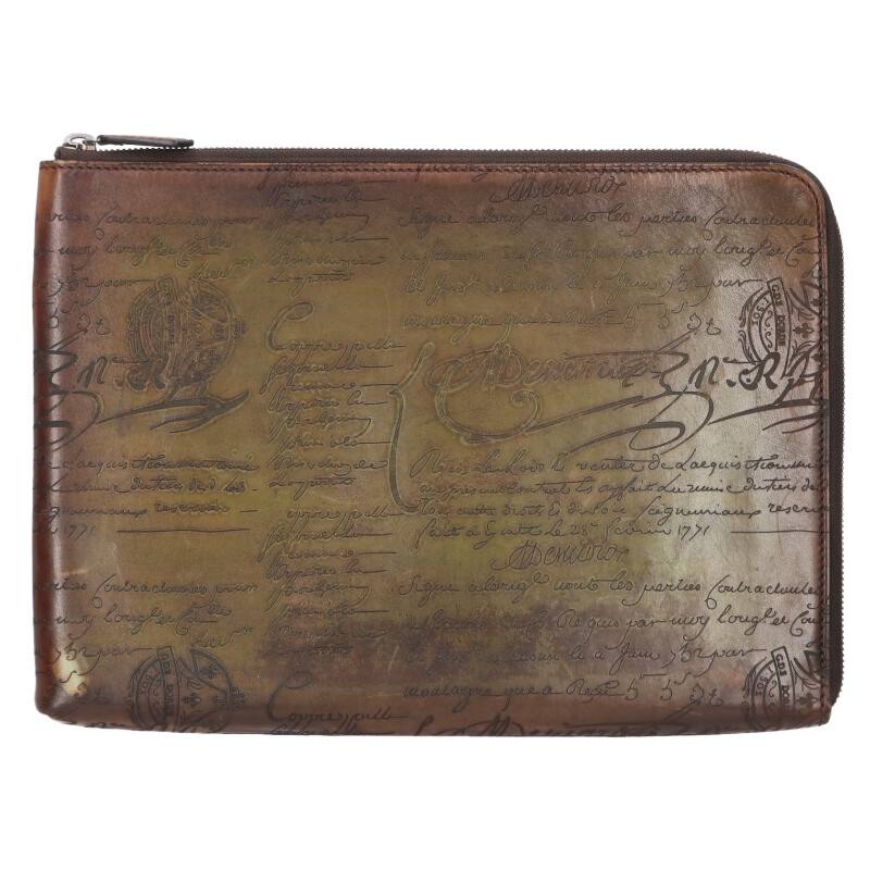 Berluti Calligraphy Leather Clutch Bag Brown Size ONE SIZE