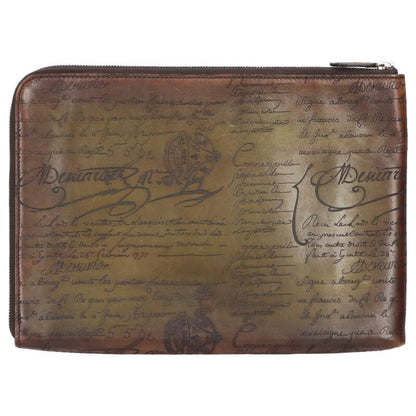 Berluti Calligraphy Leather Clutch Bag Brown Size ONE SIZE