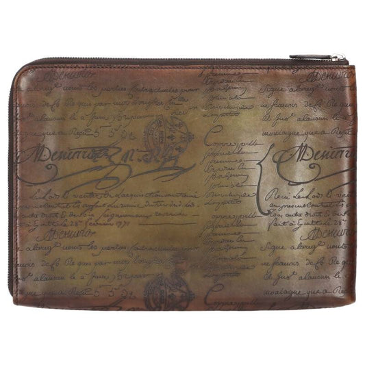 Berluti Calligraphy Leather Clutch Bag Brown Size ONE SIZE