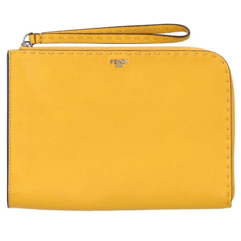 FENDI Selleria Slim Leather Clutch Bag Yellow Size ONE SIZE