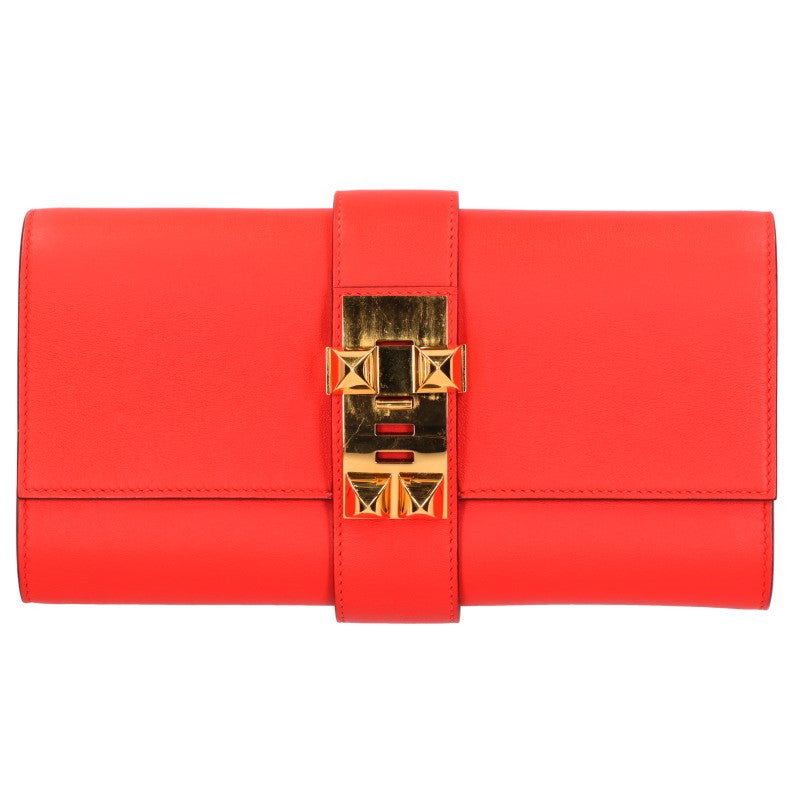 HERMES Medor 23 Gold HW Leather Clutch Red Size 23