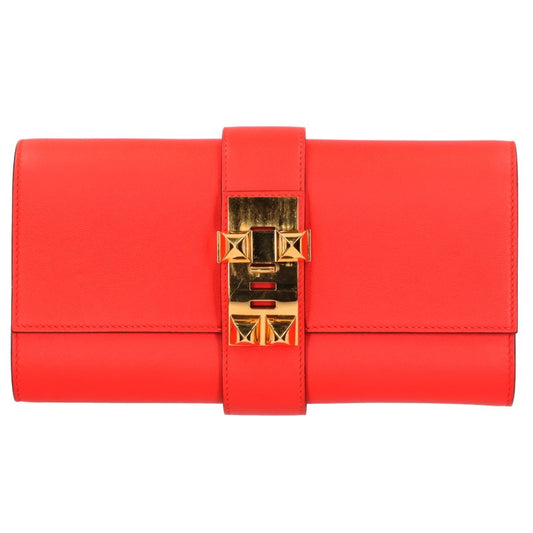 HERMES Medor 23 Gold HW Leather Clutch Red Size 23