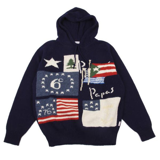Papas Flag Intarsia Wool Knit Hoodie Blue Size M
